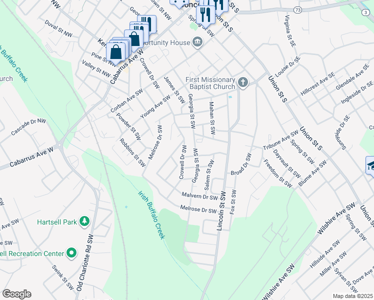map of restaurants, bars, coffee shops, grocery stores, and more near 199 Crowell Drive Southwest in Concord