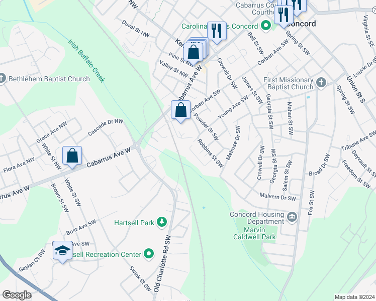 map of restaurants, bars, coffee shops, grocery stores, and more near 94 Glen Rae Street Southwest in Concord