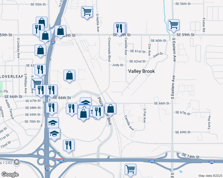 map of restaurants, bars, coffee shops, grocery stores, and more near 1511 Southeast 65th Street in Oklahoma City