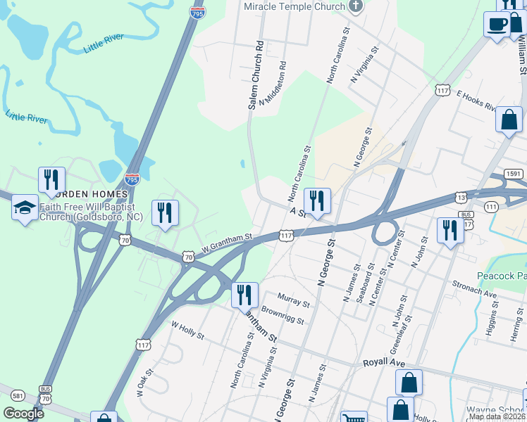 map of restaurants, bars, coffee shops, grocery stores, and more near 1317 North Florida Street in Goldsboro