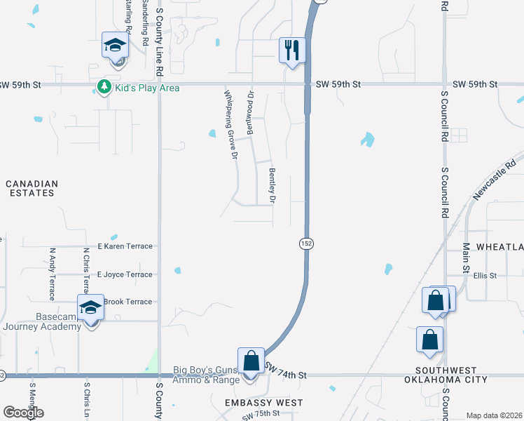 map of restaurants, bars, coffee shops, grocery stores, and more near 8608 Southwest 65th Street in Oklahoma City