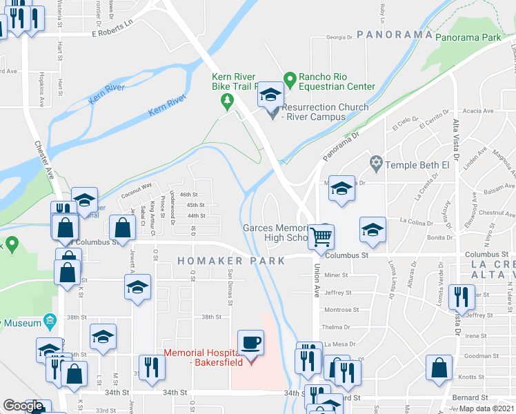 map of restaurants, bars, coffee shops, grocery stores, and more near 4413 Isla Verde Street in Bakersfield