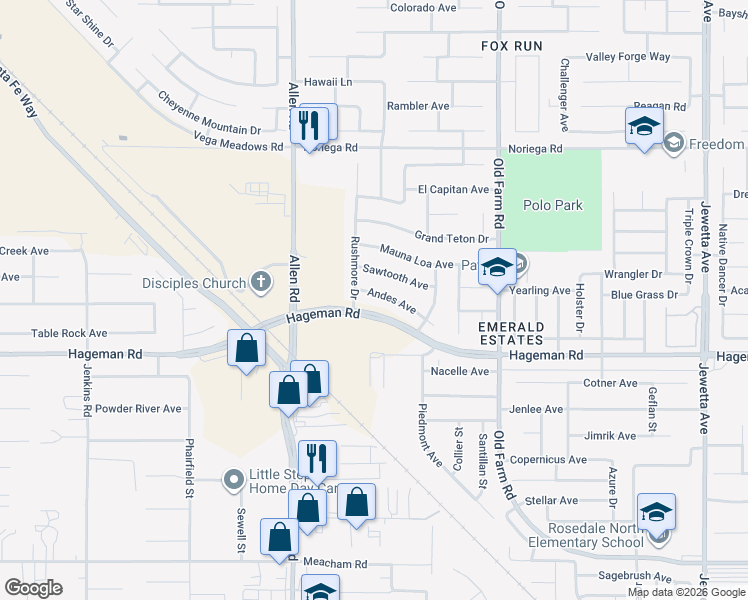 map of restaurants, bars, coffee shops, grocery stores, and more near 12601 Andes Avenue in Bakersfield