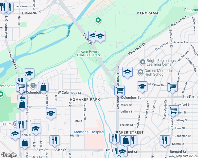 map of restaurants, bars, coffee shops, grocery stores, and more near 4412 Isla Verde Street in Bakersfield