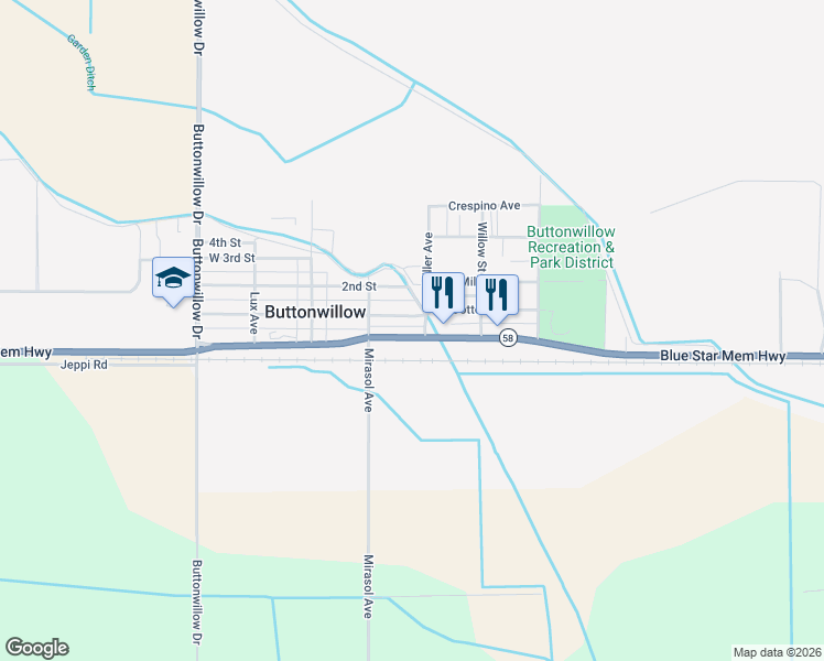 map of restaurants, bars, coffee shops, grocery stores, and more near 228 California 58 in Buttonwillow