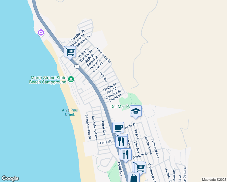 map of restaurants, bars, coffee shops, grocery stores, and more near 410 Java Street in Morro Bay