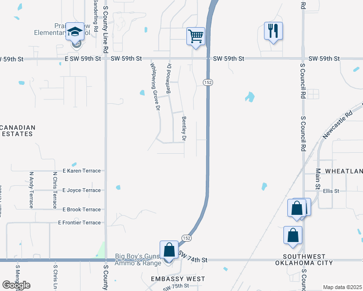 map of restaurants, bars, coffee shops, grocery stores, and more near 8600 Southwest 65th Street in Oklahoma City