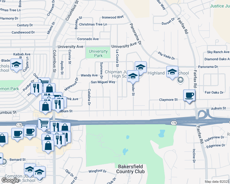 map of restaurants, bars, coffee shops, grocery stores, and more near 2910 La Costa Street in Bakersfield