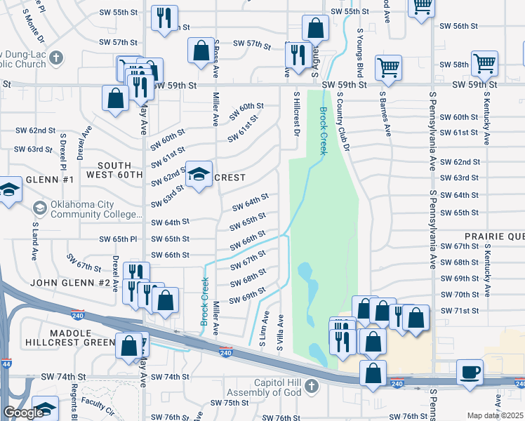 map of restaurants, bars, coffee shops, grocery stores, and more near 2513 Southwest 65th Street in Oklahoma City