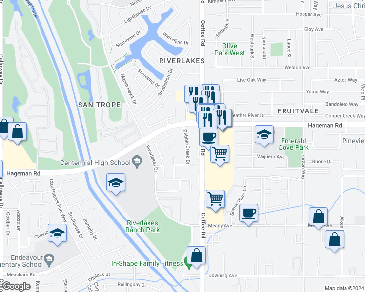 map of restaurants, bars, coffee shops, grocery stores, and more near 4405 Pebble Creek Drive in Bakersfield