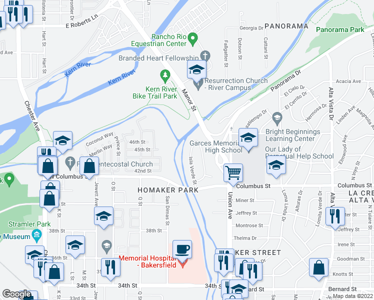 map of restaurants, bars, coffee shops, grocery stores, and more near 4407 Isla Verde Street in Bakersfield