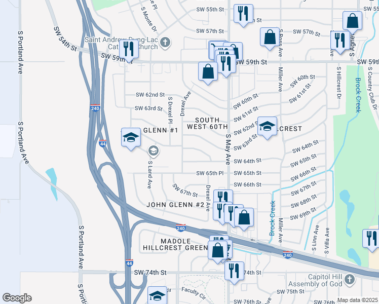 map of restaurants, bars, coffee shops, grocery stores, and more near 3056 Southwest 64th Terrace in Oklahoma City