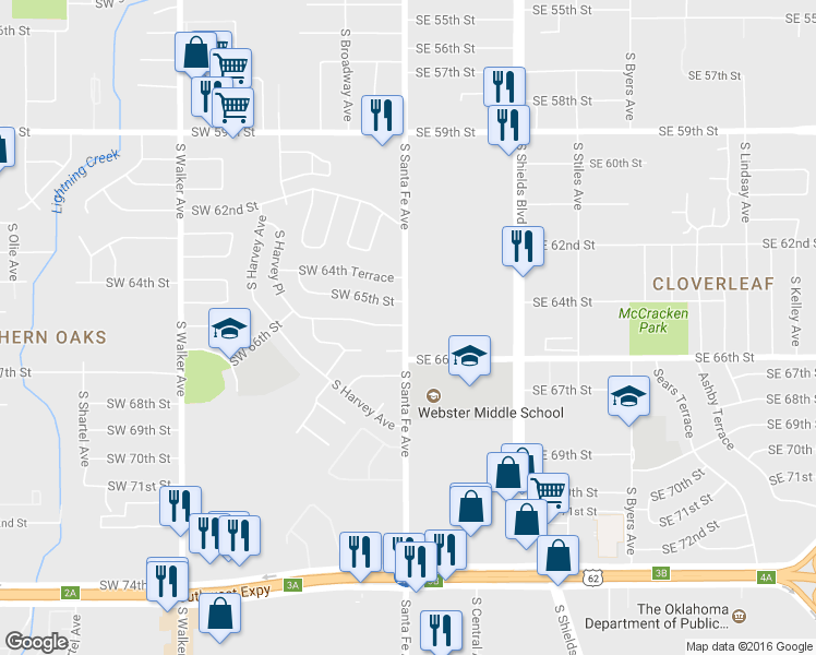 map of restaurants, bars, coffee shops, grocery stores, and more near 6840 South Santa Fe Avenue in Oklahoma City