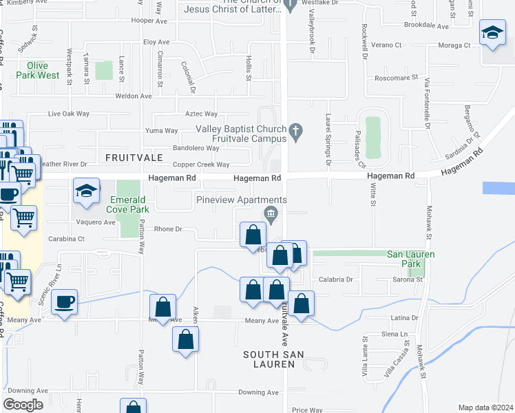 map of restaurants, bars, coffee shops, grocery stores, and more near 4400 River Glen Drive in Bakersfield