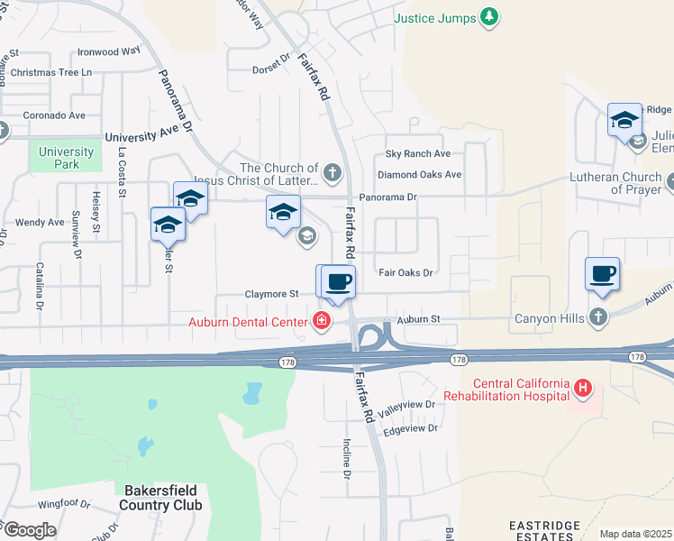 map of restaurants, bars, coffee shops, grocery stores, and more near 5100 Fairfax Road in Bakersfield