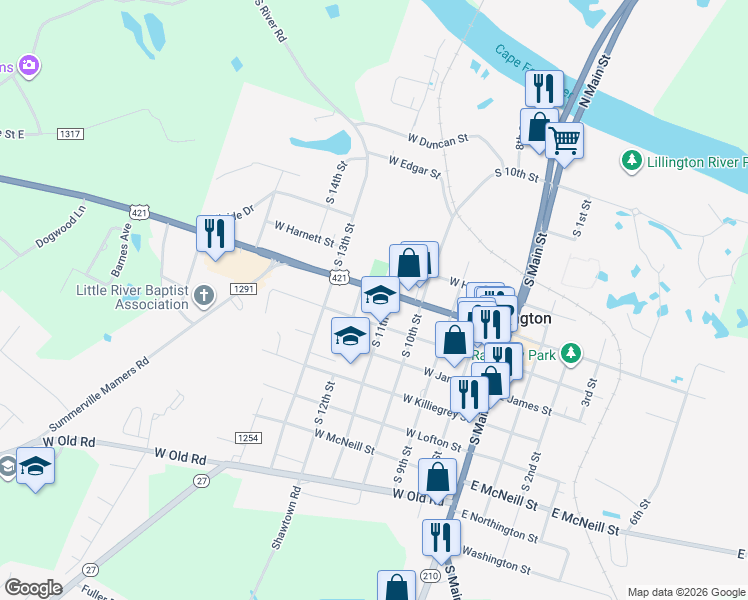 map of restaurants, bars, coffee shops, grocery stores, and more near 407 West Front Street in Lillington