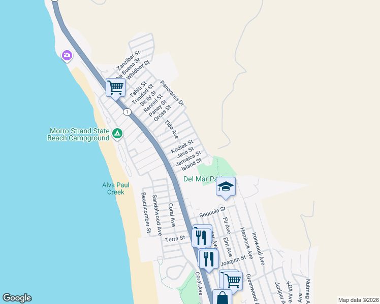 map of restaurants, bars, coffee shops, grocery stores, and more near 420 Java Street in Morro Bay