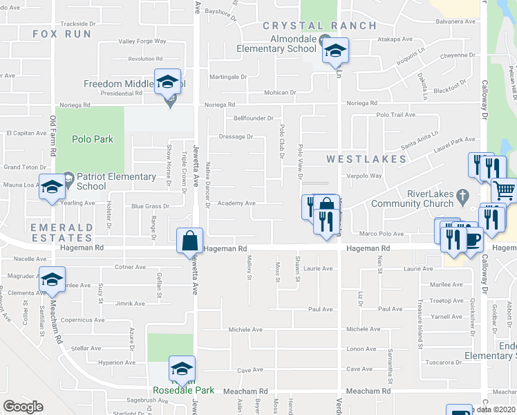 map of restaurants, bars, coffee shops, grocery stores, and more near 10907 Academy Avenue in Bakersfield