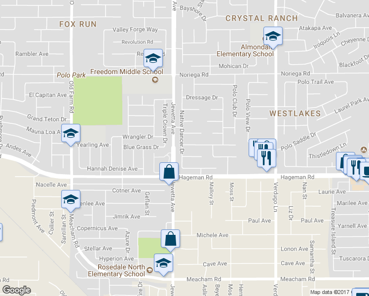 map of restaurants, bars, coffee shops, grocery stores, and more near 11123 Academy Avenue in Bakersfield
