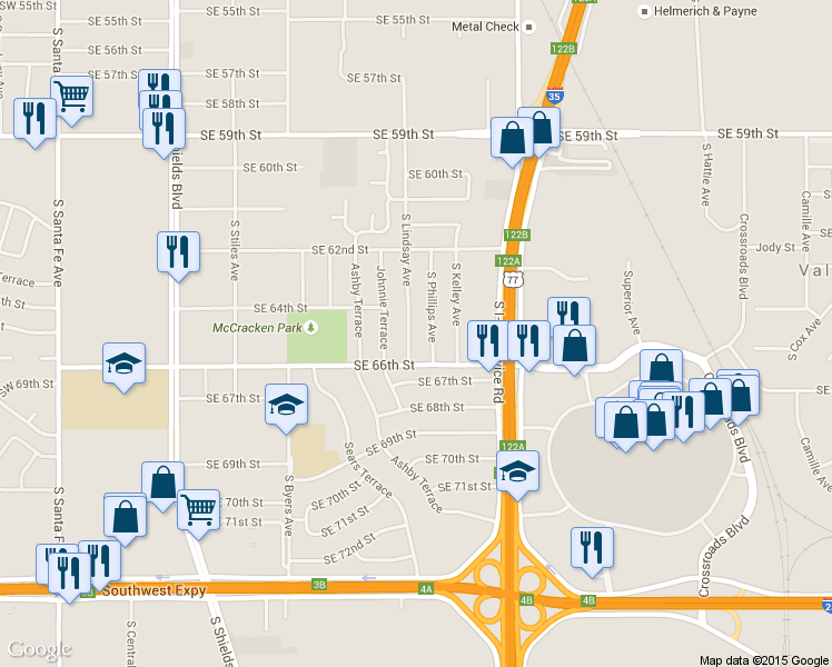 map of restaurants, bars, coffee shops, grocery stores, and more near 6520 South Lindsay Avenue in Oklahoma City