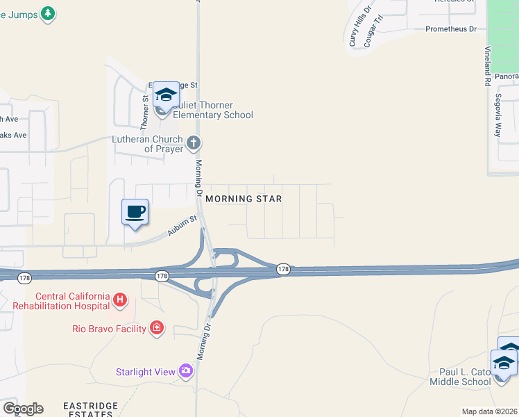 map of restaurants, bars, coffee shops, grocery stores, and more near Morning Drive in Bakersfield