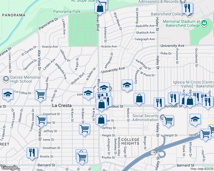 map of restaurants, bars, coffee shops, grocery stores, and more near 909 Yale Avenue in Bakersfield