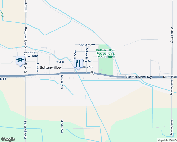 map of restaurants, bars, coffee shops, grocery stores, and more near 428 McKittrick Highway in Buttonwillow