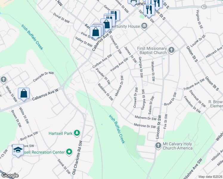 map of restaurants, bars, coffee shops, grocery stores, and more near 144 Powder Street Southwest in Concord