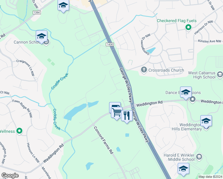 map of restaurants, bars, coffee shops, grocery stores, and more near 573 Weyburn Drive Northwest in Concord