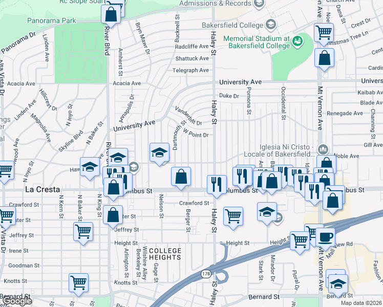 map of restaurants, bars, coffee shops, grocery stores, and more near 2915 Berger Street in Bakersfield