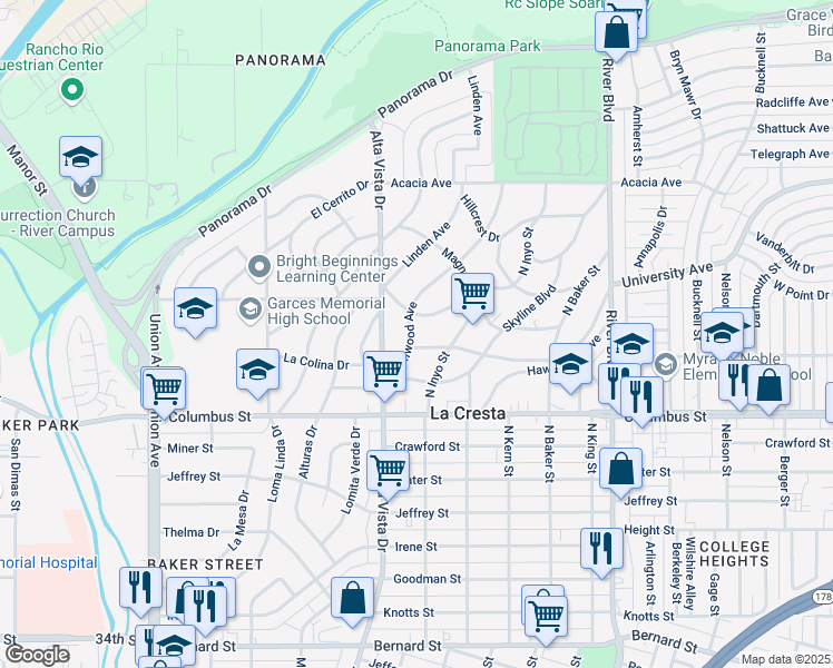 map of restaurants, bars, coffee shops, grocery stores, and more near 2821 Elmwood Avenue in Bakersfield