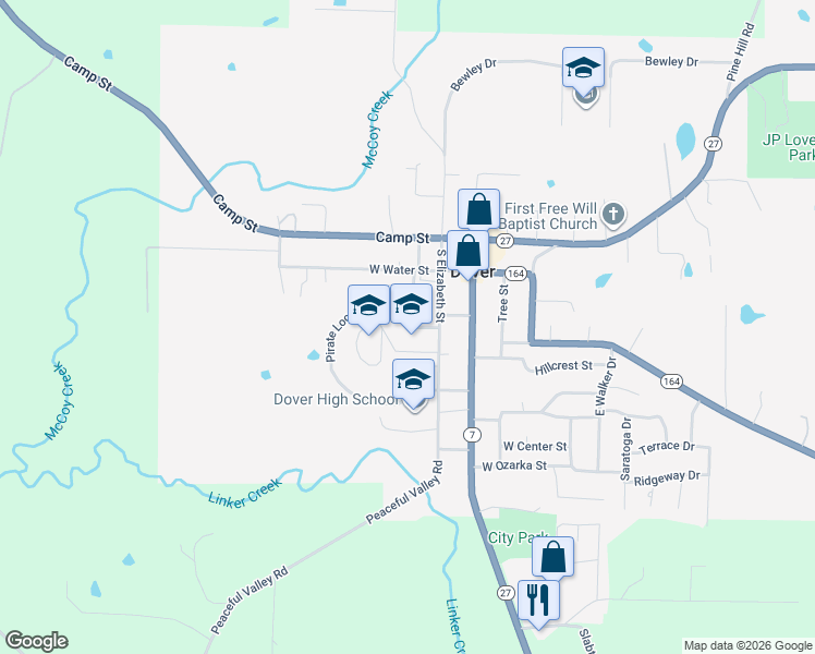 map of restaurants, bars, coffee shops, grocery stores, and more near 203 College Street in Dover