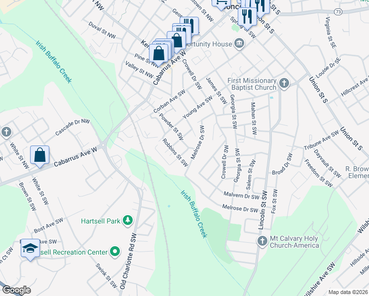 map of restaurants, bars, coffee shops, grocery stores, and more near 144 Powder Street Southwest in Concord