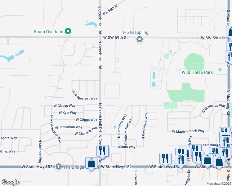 map of restaurants, bars, coffee shops, grocery stores, and more near 768 West Windmill Court in Mustang