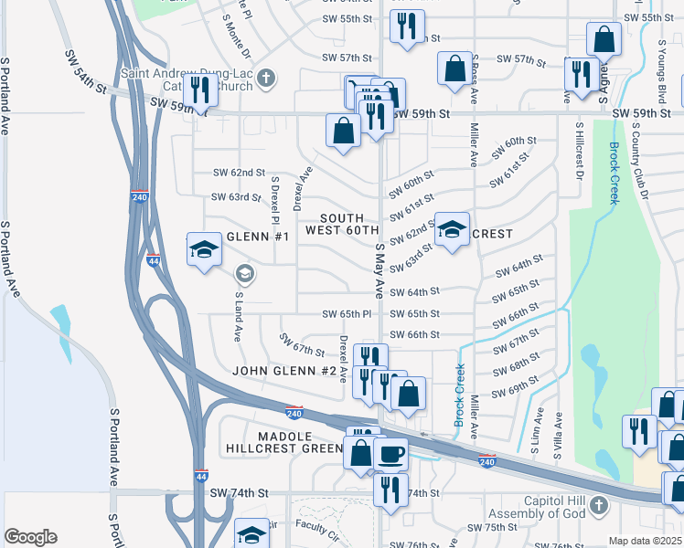 map of restaurants, bars, coffee shops, grocery stores, and more near 3021 Southwest 64th Terrace in Oklahoma City