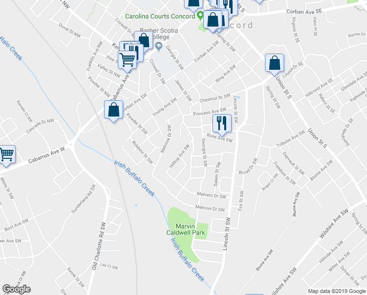 map of restaurants, bars, coffee shops, grocery stores, and more near 242 Hilltop Avenue Southwest in Concord