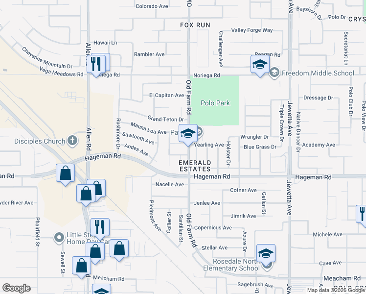 map of restaurants, bars, coffee shops, grocery stores, and more near 12109 Flat Iron Court in Bakersfield