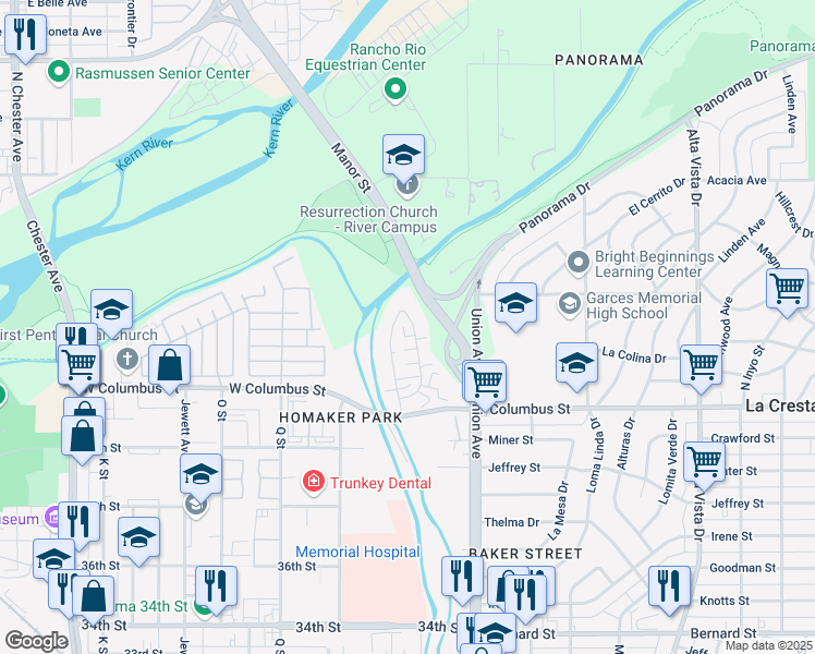 map of restaurants, bars, coffee shops, grocery stores, and more near 4413 Tierra Verde Street in Bakersfield
