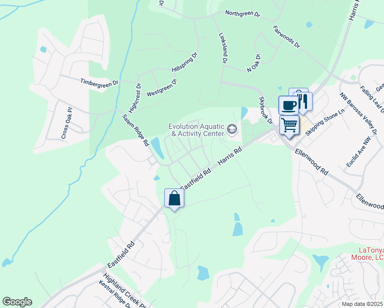 map of restaurants, bars, coffee shops, grocery stores, and more near 9817 Skybluff Circle in Huntersville