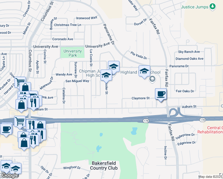 map of restaurants, bars, coffee shops, grocery stores, and more near 2901 Eissler Street in Bakersfield