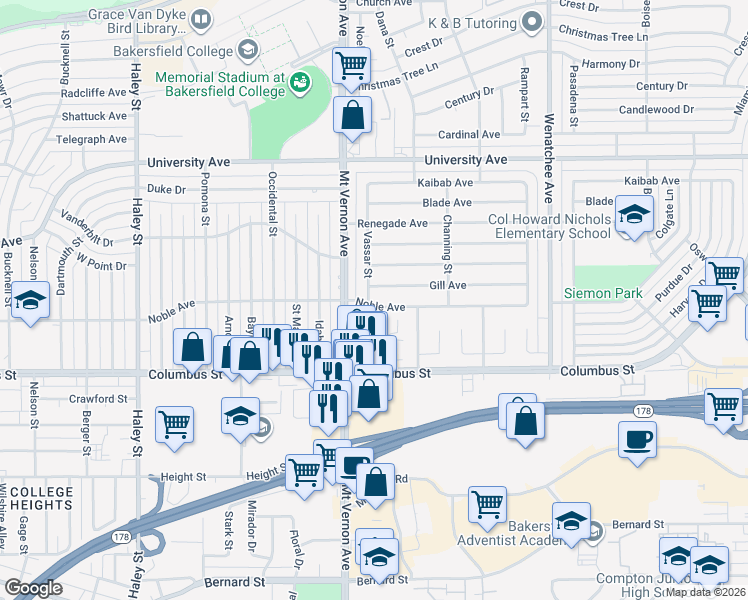 map of restaurants, bars, coffee shops, grocery stores, and more near 2400 Noble Avenue in Bakersfield