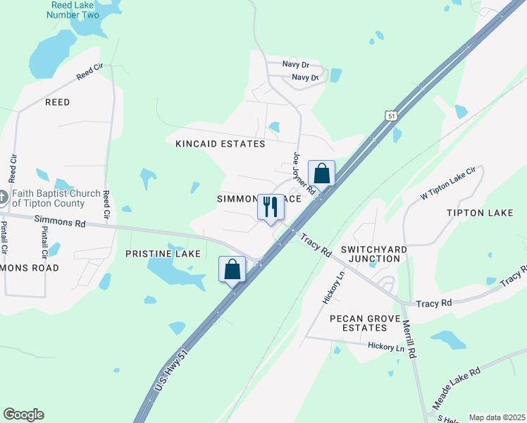 map of restaurants, bars, coffee shops, grocery stores, and more near 42 Switchgrass Cove in Munford