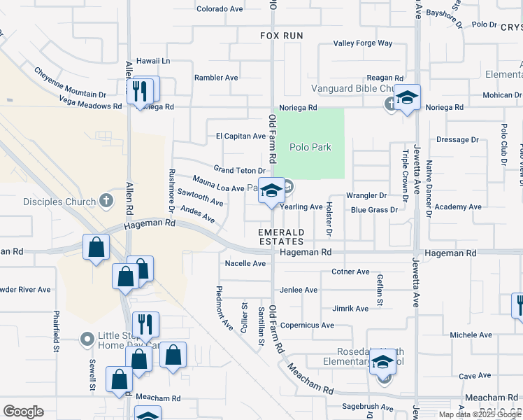 map of restaurants, bars, coffee shops, grocery stores, and more near 12109 Flat Iron Court in Bakersfield