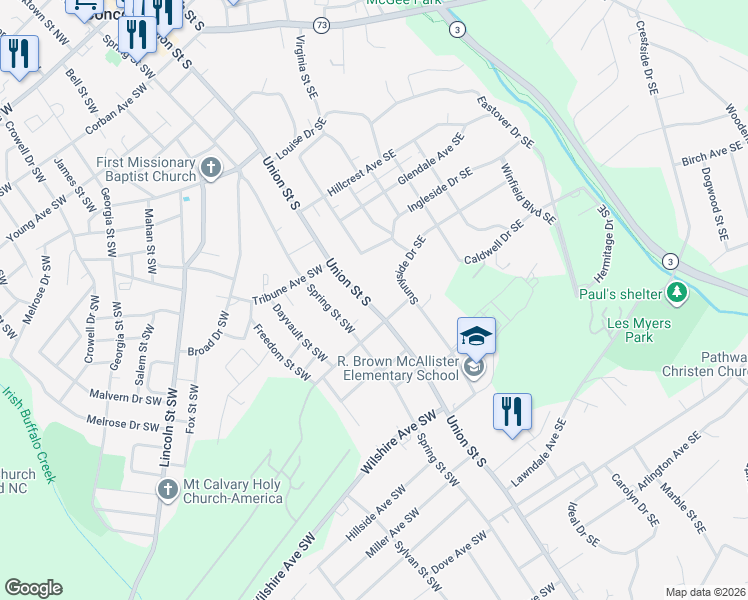 map of restaurants, bars, coffee shops, grocery stores, and more near 445 Union Street South in Concord