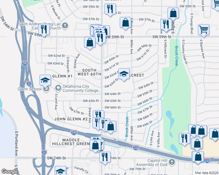 map of restaurants, bars, coffee shops, grocery stores, and more near 2838 Southwest 63rd Street in Oklahoma City