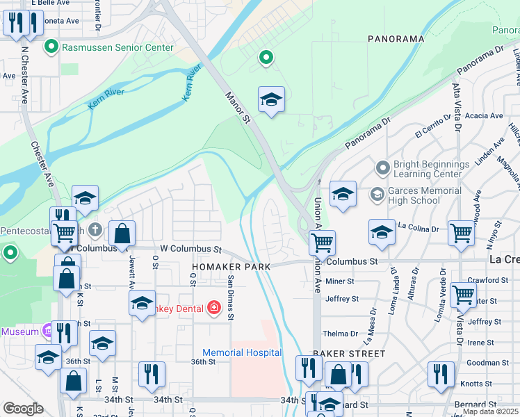 map of restaurants, bars, coffee shops, grocery stores, and more near 4413 Isla Verde Street in Bakersfield