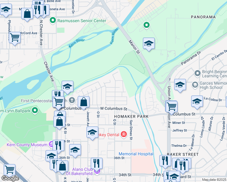 map of restaurants, bars, coffee shops, grocery stores, and more near 616 45th Street in Bakersfield