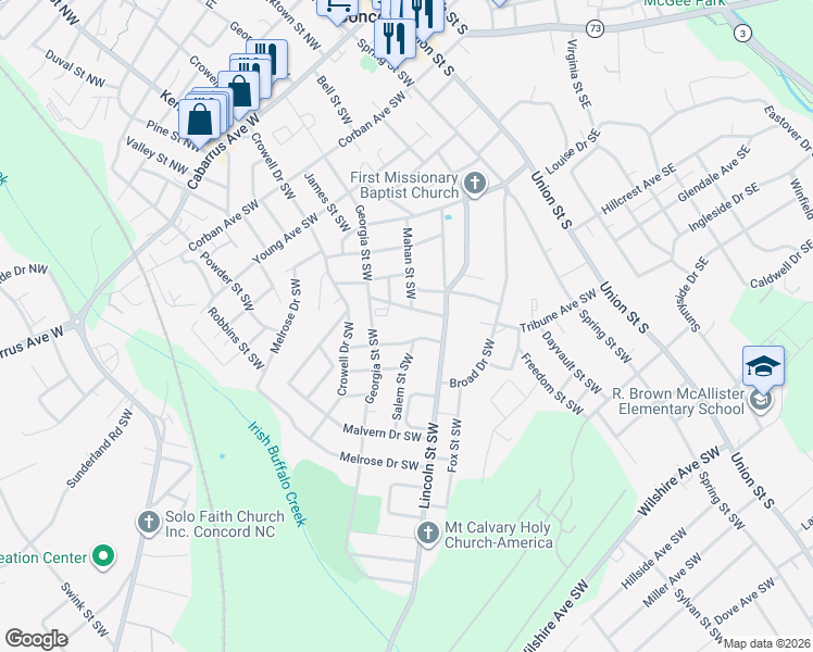 map of restaurants, bars, coffee shops, grocery stores, and more near 151 Rone Avenue Southwest in Concord