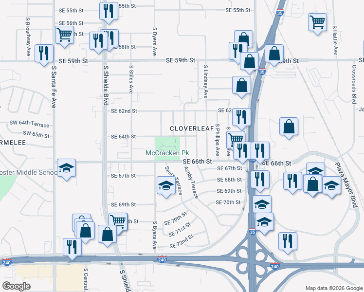 map of restaurants, bars, coffee shops, grocery stores, and more near 6601 Ashby Terrace in Oklahoma City