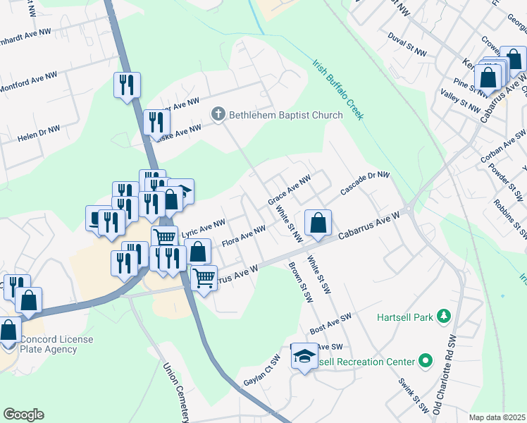 map of restaurants, bars, coffee shops, grocery stores, and more near 82 Eden Street Northwest in Concord